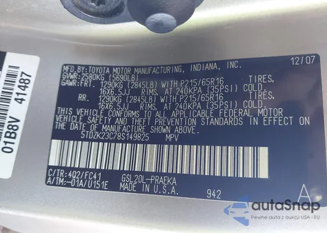 2008 Toyota Sienna Le z USA, uszkodzony, nr VIN 5TDZK23C78S149825